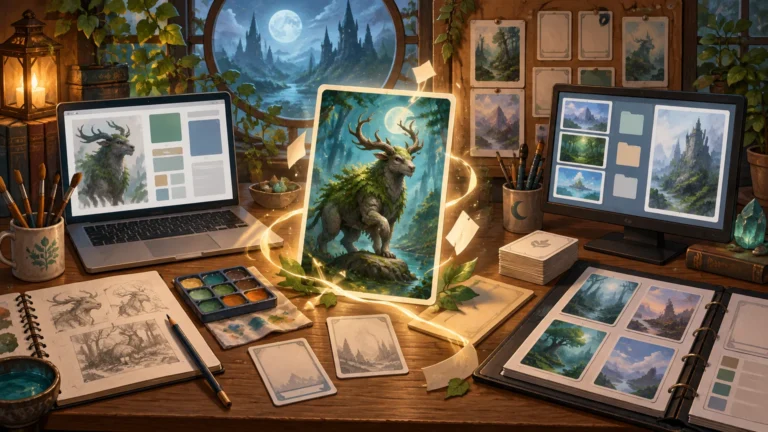 Fantasy card-design workspace with two screens showing illustrated layout panels, a central deer-like creature art card, painted studies pinned to a wall, brushes, sketchbook sketches, color paints, loose blank cards, and an open portfolio in a warmly lit workshop.