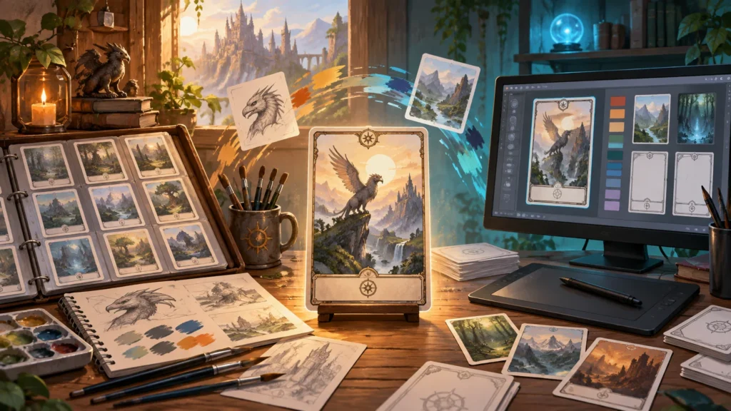 Warm fantasy card-design studio with a binder of illustrated cards, painted sketches and brushes, a large bird-creature card on an easel, and a computer displaying card layout panels beside color swatches.