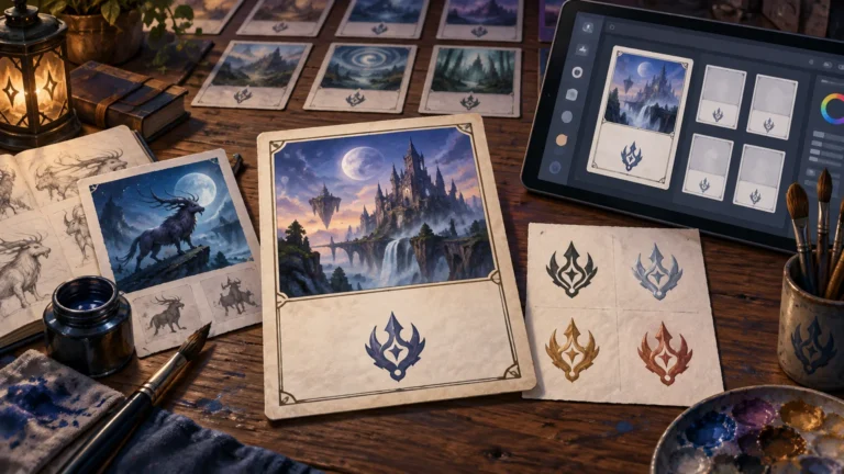 Painterly fantasy card-design workspace with illustrated card mockups, a tablet showing layout variations, hand-drawn creature studies, paintbrushes, and several color-coded custom symbols on a wooden desk.
